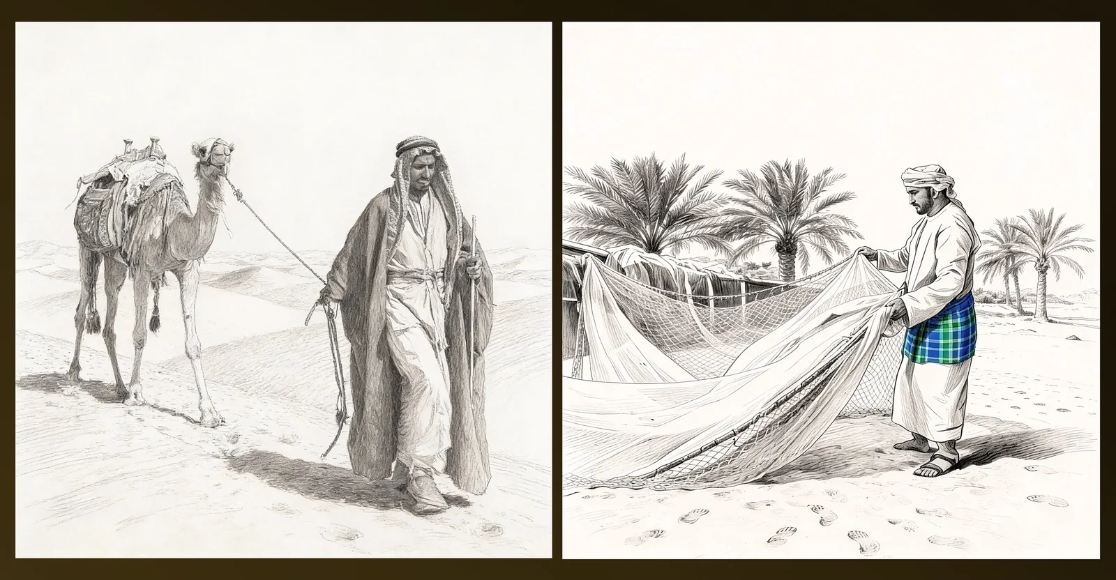Sketch studies with figures, camels, palms, and textile forms