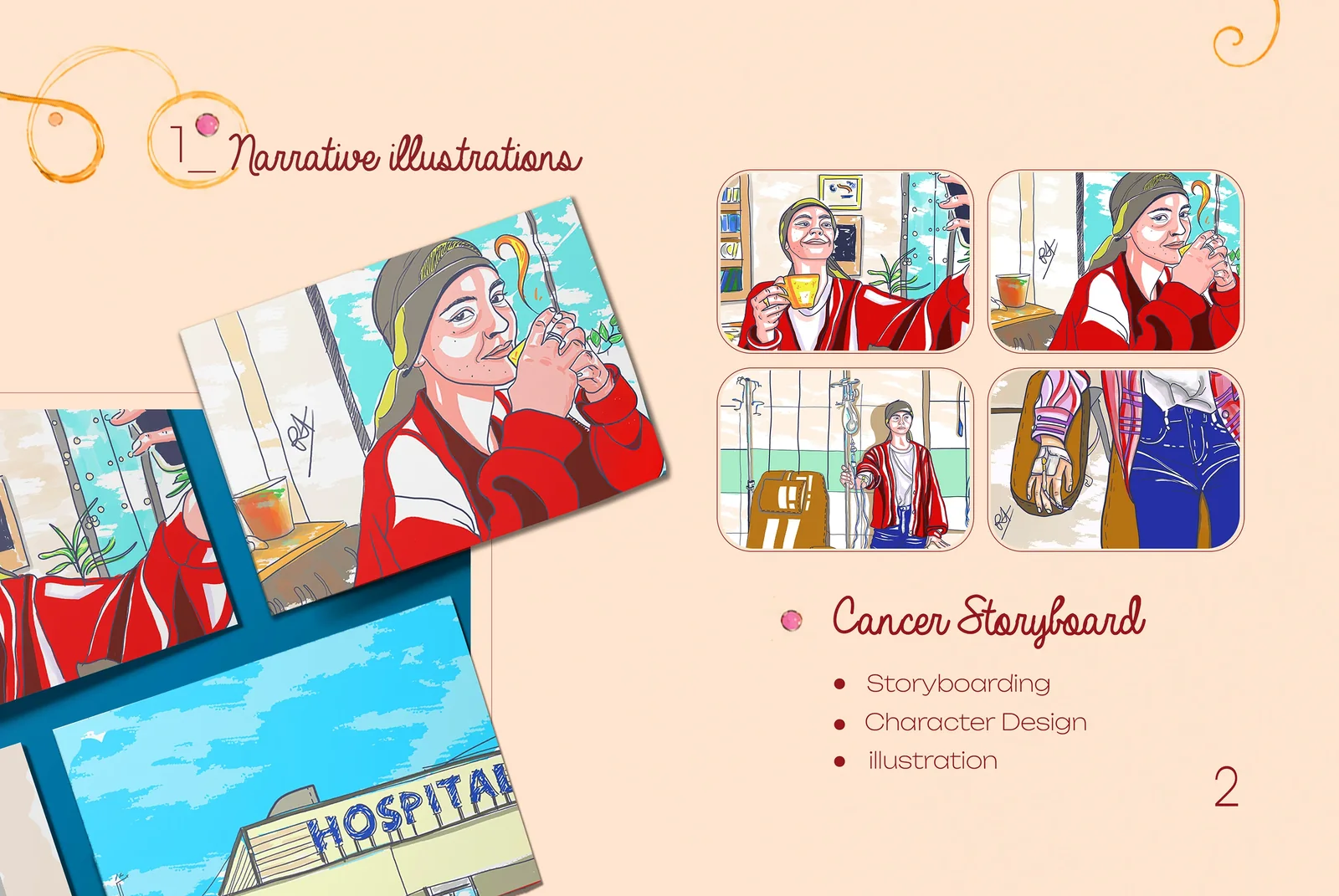 Storyboard and hospital scene page from Rowan Salah portfolio